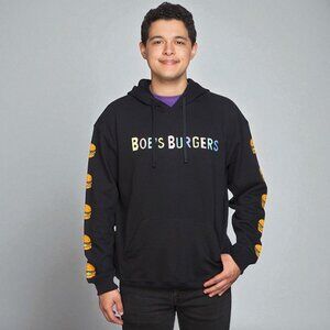 Bob’s Burgers Hoodie Black Sleeve Print Logo Pullover Cotton Sz XL
